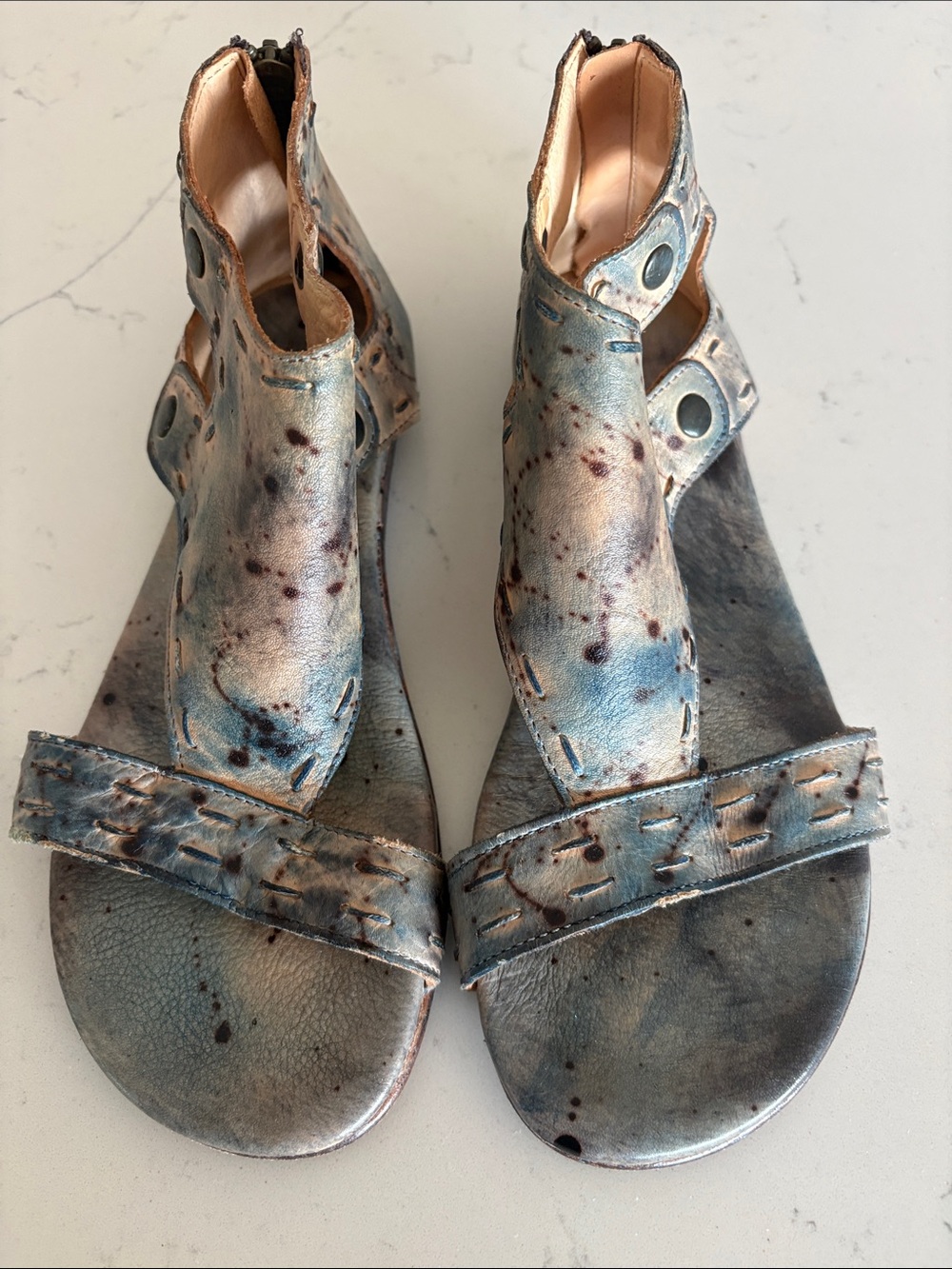 Bed Stu Metallic Blue Speckled Leather Open-Toe Sandals